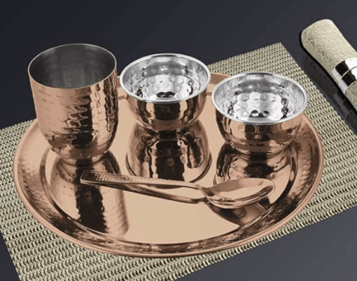 Shri & Sam Stainless Steel Hammered Rose Gold Diamond Thali Set with PVD Coating